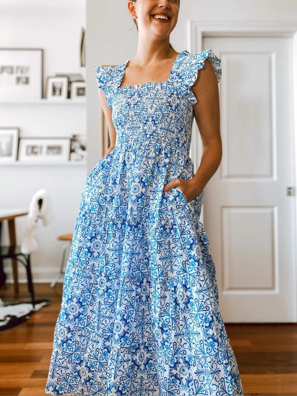 Hill House Home The Nap Dress Blue White Tile Print Smocked Midi, XS S M - Picture 3 of 5